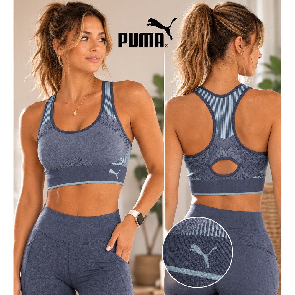 Puma Womens Seamless Racerback Sports Bra Blue Keyhole Cutout Athleisure Size M